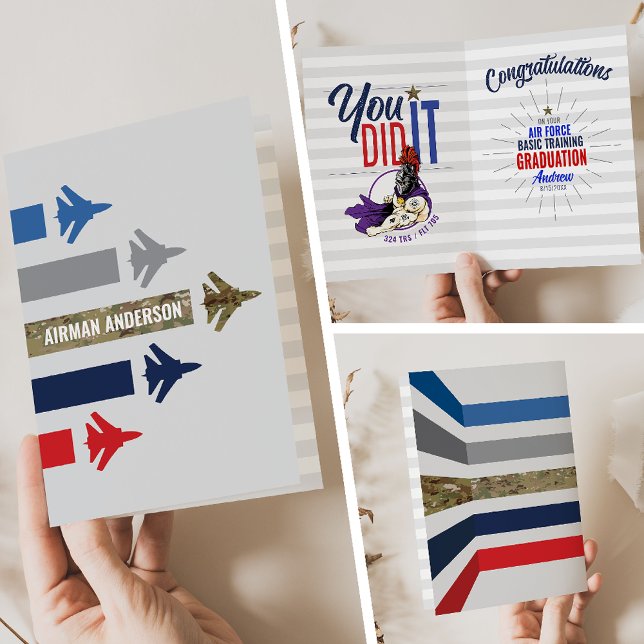 Cartão Formação Básica da Força Aérea 324 Cavaleiros (Air Force Basic Training BMT Graduation Card 324  TRS Knights Jet Flight Formation front inside back)