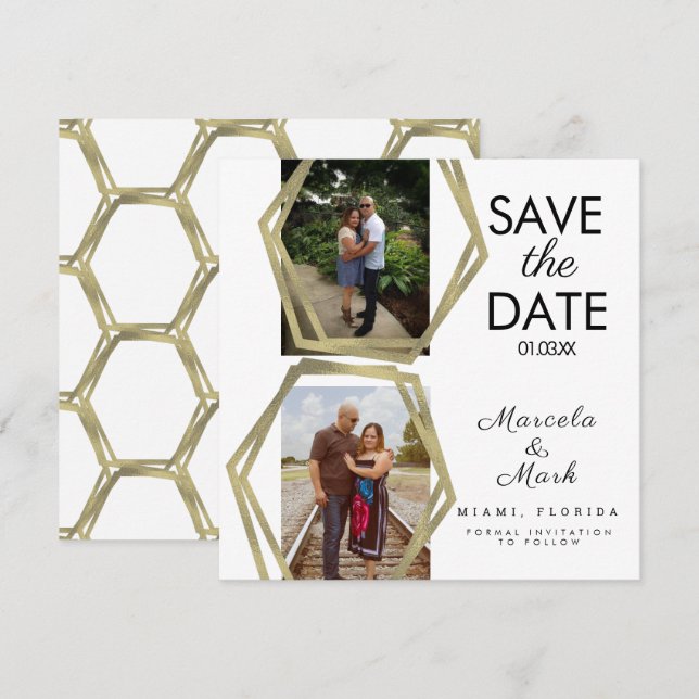 Cartão Formas Geométricas Douradas Salvar A Foto De Datas (Frente/Verso)