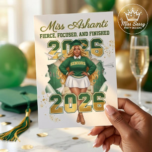 Cartão Formatura Menina Negra 2026 Verde & Dourado