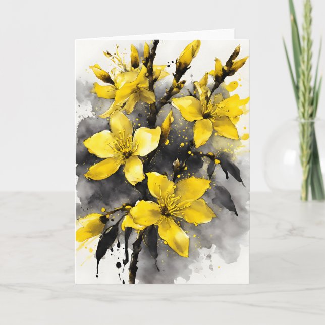 Cartão Forsythia - Flores em aquarela (Frente)