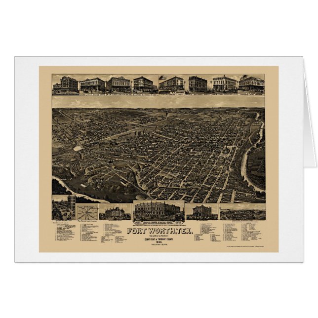 Cartão Fort Worth, mapa panorâmico de TX - 1886 (Frente Horizontal)