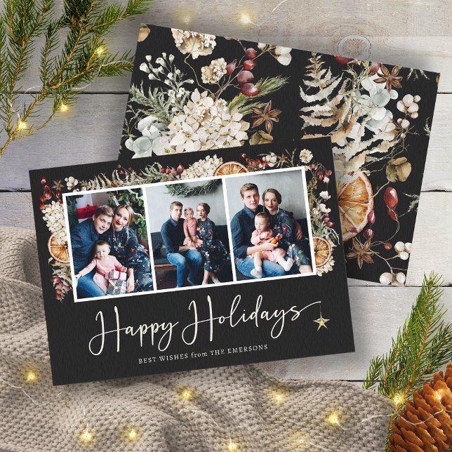 Cartão Foto Botânica Feliz Férias (Elegant Black Boho Rustic Botanical Christmas 3 Photos Holiday Card by Painted Paperie)