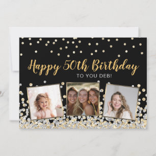 Cartão Foto Colagem Dourada Prata Confetti 50º Aniversá