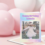 Cartão Foto da bonito Pastel Rainbow Custom Birthday Girl<br><div class="desc">Celebre a sua garotinha com este cartão de aniversário de fotos com fotos brilhantes e bonito do arco-íris,  que contém belas letras roxas e a fotografia personalizada do seu filho. Adicione a fotografia do seu filho para um toque pessoal sobre este bonitinho suplemento de festa.</div>