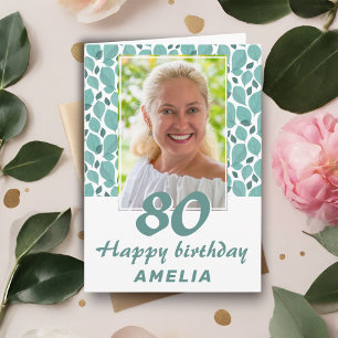 Cartão Foto de 80º aniversário com padrão de folhas turqu