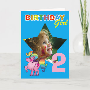 Cartão Foto de aniversário de 2 anos de menina unicórnio