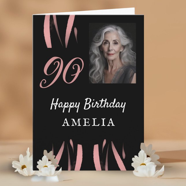 Cartão Foto de aniversário do Elegant Black Pink Watercol (Criador carregado)