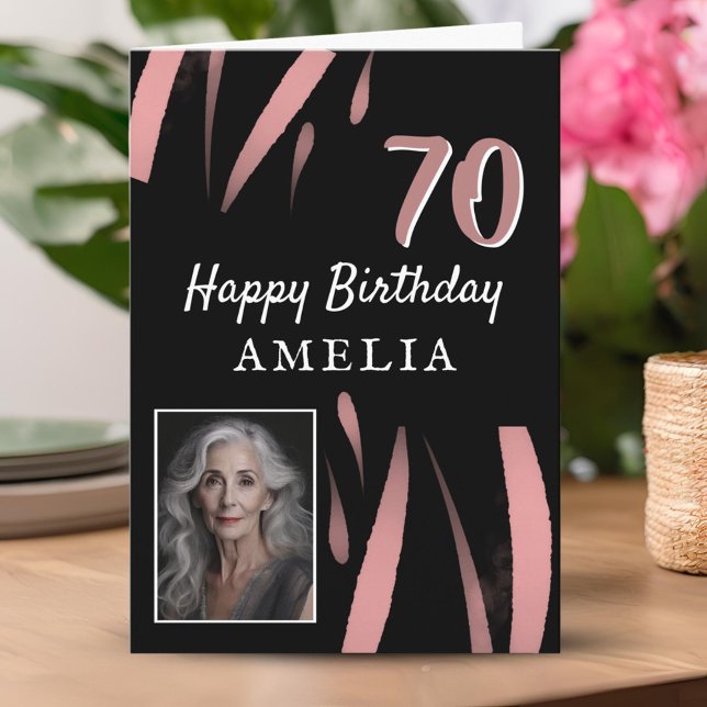 Cartão Foto de aniversário do Elegant Black Pink Watercol (Criador carregado)