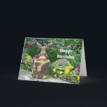 Cartão Foto de aniversário do Funny Moose Floral Garden<br><div class="desc">Alce de madeira e banheira de madeira num jardim floral colorido</div>