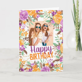Cartão Foto de aniversário floral roxo laranja outono