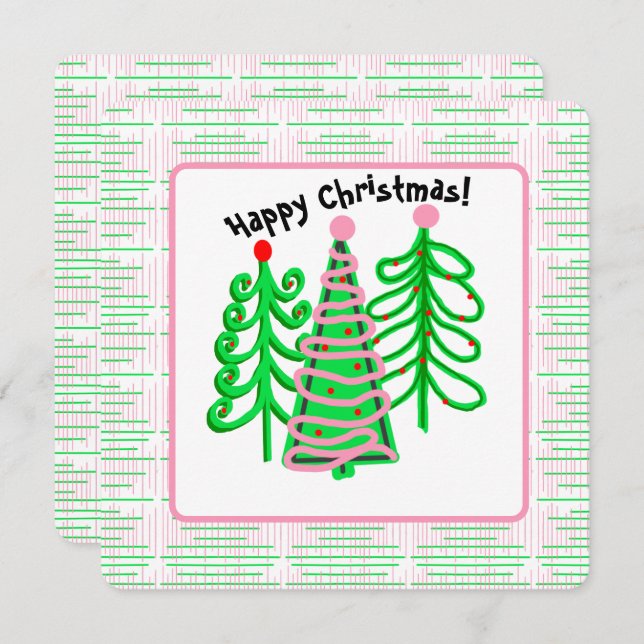 Cartão Foto de Árvores de Natal Verde Rosa (Frente/Verso)