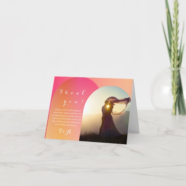 Cartão Foto de casamento Boho Arch Sunset Ombre Obrigado (Frente)