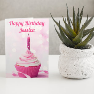 Cartão Foto de Cupcake Rosa Bonito Aniversário Feliz Pers