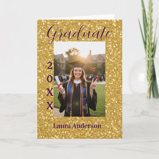 Cartão Foto de formatura com brilho dourado adicionar nom (Frente)