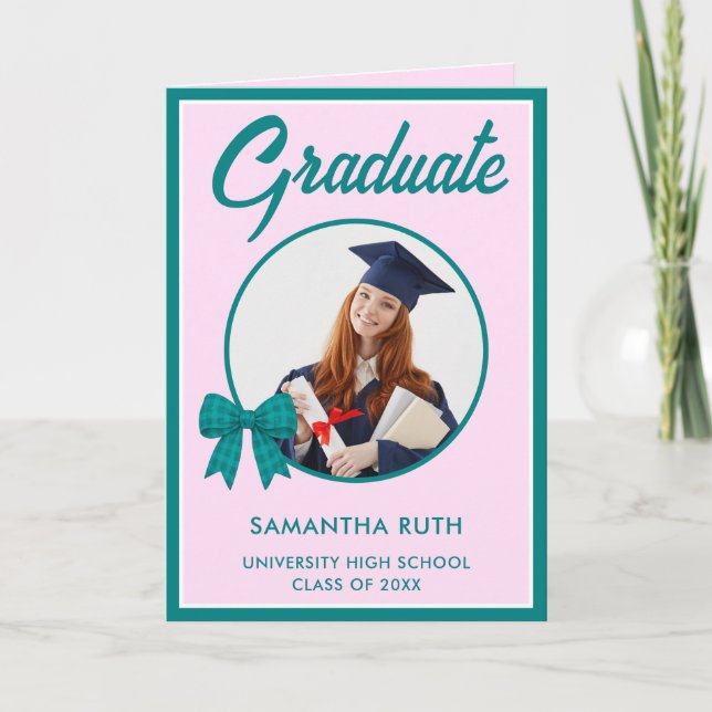 Cartão Foto de Formatura com Laço de Ginga Teal  (Frente)