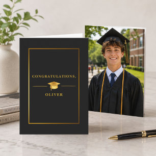 Cartão Foto de Formatura em Preto e Dourado Elegante