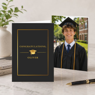 Cartão Foto de Formatura em Preto e Dourado Elegante