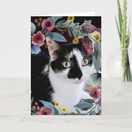 Cartão Foto de Gato de Tuxedo Branco Preto com Flores
