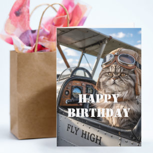 Cartão Foto de Gato Piloto de Aniversário & Avião de Avia