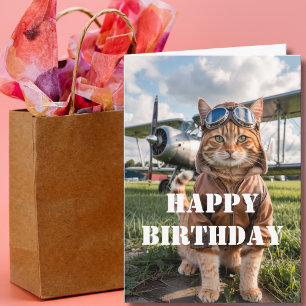 Cartão Foto de Gato Piloto de Aniversário & Avião de Humo
