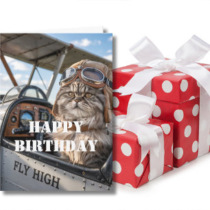 Cartão Foto de Gato Piloto de Aniversário & Avião Diverti