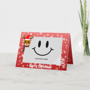 Cartão Foto de Natal Branco Rudolph Red Nosed Reindeer