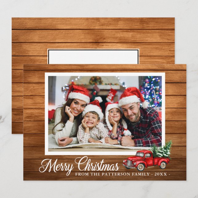 Cartão Foto de Natal Red Truck Rustic Wood 2 Lado (Frente/Verso)