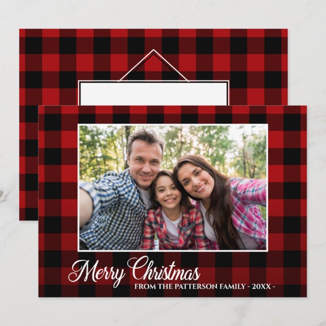 Cartão Foto de Script de Caligrafia, Xadrez Vermelha, Nat (Frente/Verso)