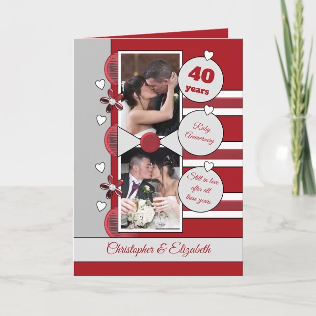 Cartão Foto do aniversário de 40 anos de Ruby e cinza (Frente)