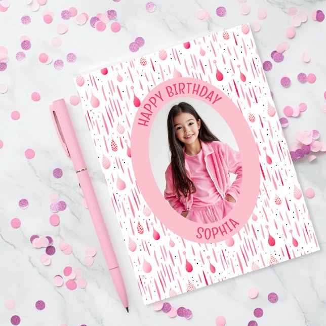 Cartão Foto do padrão rosa (Soft Pink Pattern Birthday Photo Card)