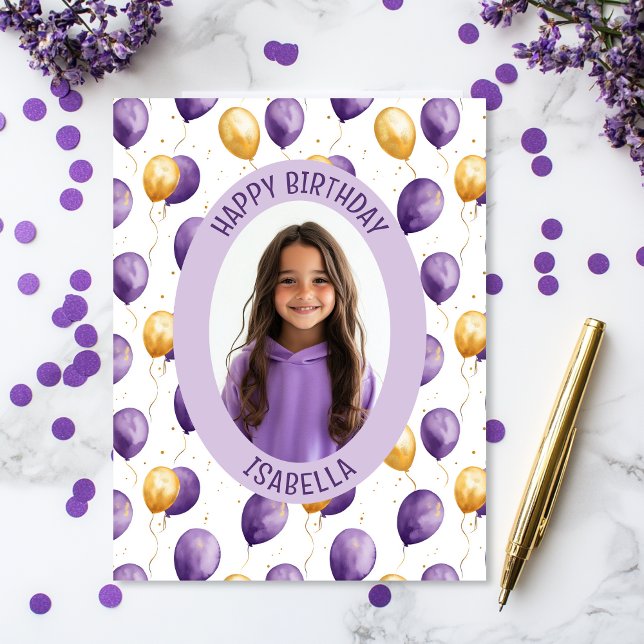 Cartão Foto dos Balões Roxos (Purple faux gold balloons birthday photo card)