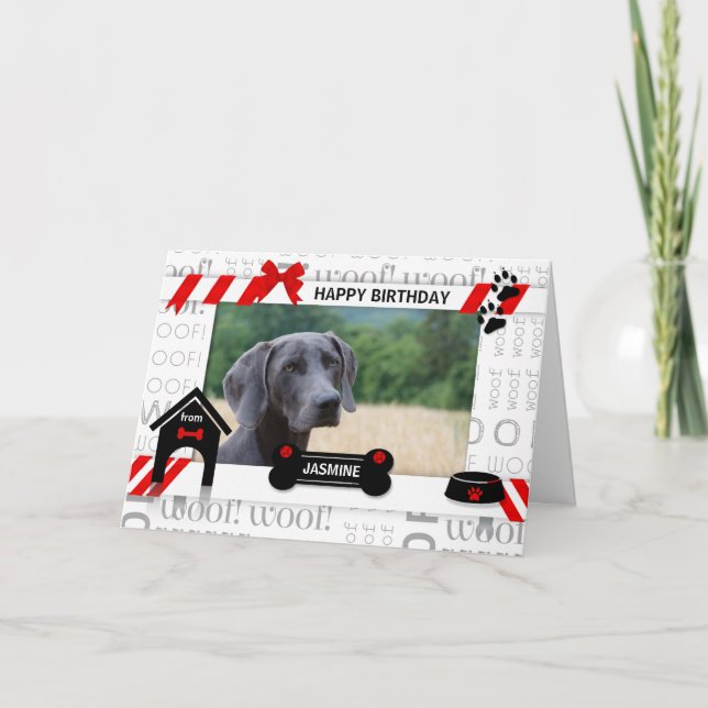 Cartão Foto e nome do Pet Vermelho de Aniversário do Cão (Frente)