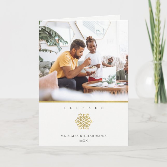 Cartão Foto Elegante Dourada com Floco de Neve, Mínimo, A (Frente)