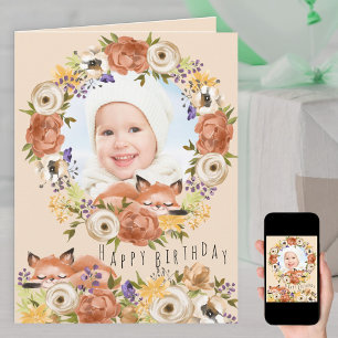 Cartão Foto em Grinalda Floral com Aniversário de Raposa
