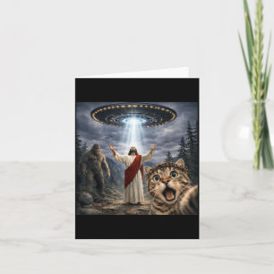 Cartão Foto engraçada de gato com Bigfoot OVNI e Jesus Pá