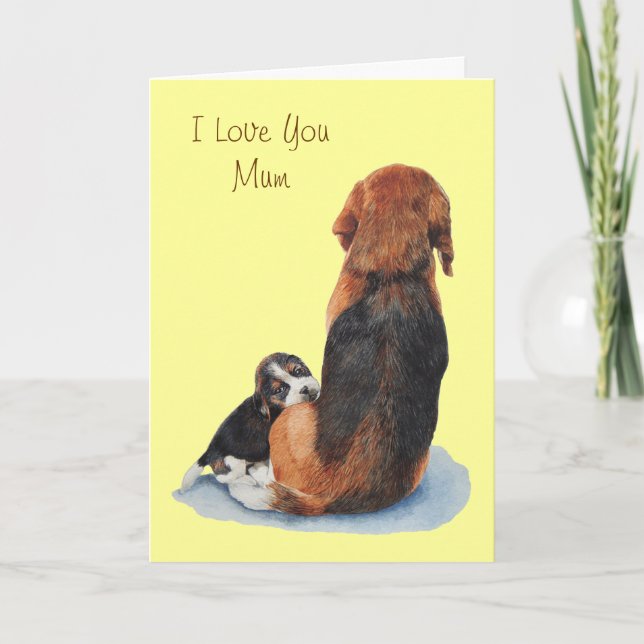 Cartão Foto fofa de cachorrinho beagle com a mamãe (Frente)