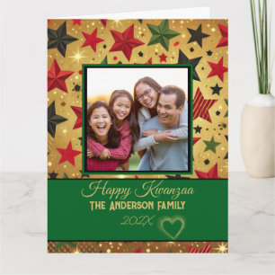 Cartão Foto Moderna da Família com Padrão Verde e Dourado
