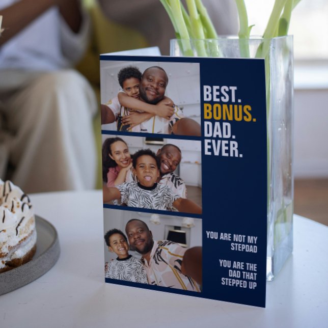 Cartão Foto Personalizada 3 O Pai Que Surpreendeu (Personalized 3 Photo The Dad That Stepped Up Card from Ricaso.  Stepfather Father Day cards.)