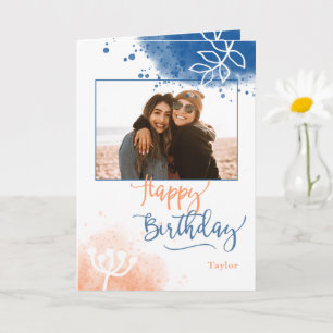 Cartão Foto personalizada de aniversário e nome Watercolo