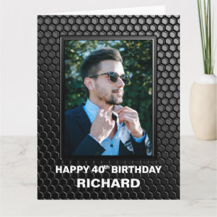 Cartão Foto personalizada de padrão geométrico preto-aniv