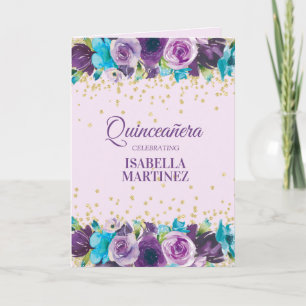 Cartão Fotos de Quinceañera Floral em Aquarela Azul Roxo