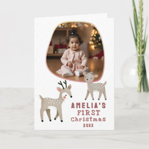 Cartão Fotos do Primeiro Natal do Bebê Fofo com Rena de N