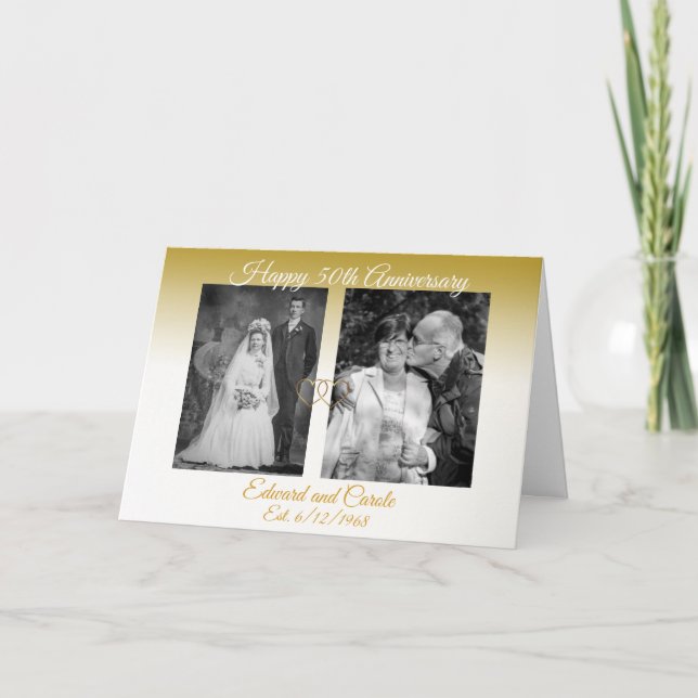 Cartão Fotos personalizadas de casamento Dourado 50º aniv (Frente)