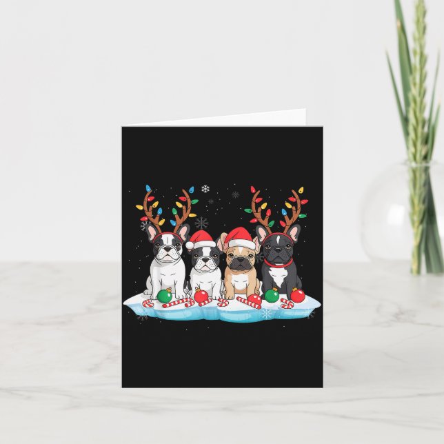 Cartão Four French Bulldog Dogs Christmas Light Reindeer  (Frente)