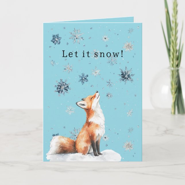 Cartão Fox Blue Snowflakes Christmas Let it Snow (Frente)