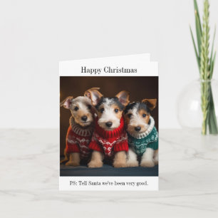 Cartão Fox Terrier Puppies no Natal dos Suéteres