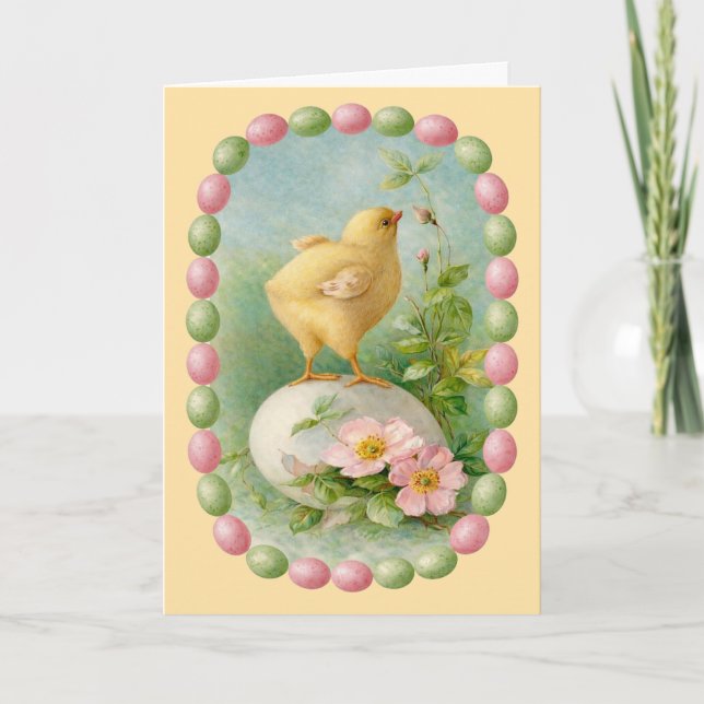 Cartão Frango da Primavera com Borda de Ovo Pastel (Frente)