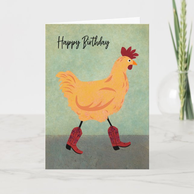 Cartão Frango de Aniversário Usando Botas de Cowboy (Frente)