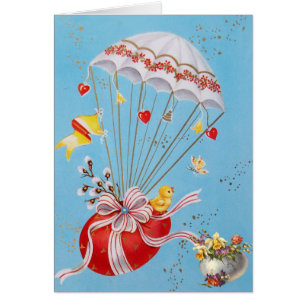 CARTÃO FRANGO VOANDO COM BALÃO DE OVOS VERMELHO ORIENTAL