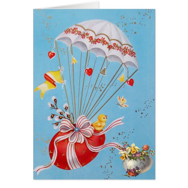 CARTÃO FRANGO VOANDO COM BALÃO DE OVOS VERMELHO ORIENTAL (Frente)